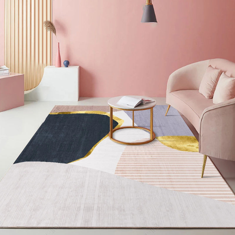 Modern Color-Blocked Area Rug Pink Polyester Carpet Anti-Slip Backing Indoor Rug for Home Decor