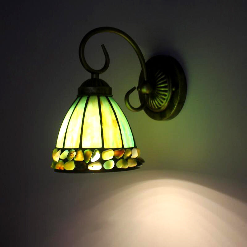 Dome Wall Lighting Idea Tiffany Stained/Beige/Green Stained Glass 1 Light White/Brass Sconce Light Fixture with Stone Deco