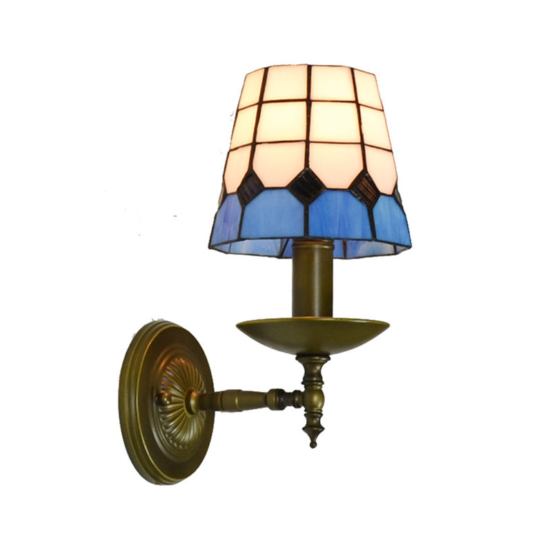 Tiffany Grid Patterned Wall Lighting Fixture 1 Light Hand Cut Glass Sconce Light in Orange/Blue/Green