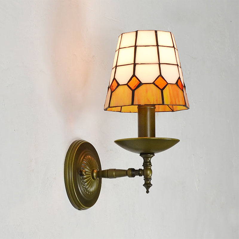 Tiffany Grid Patterned Wall Lighting Fixture 1 Light Hand Cut Glass Sconce Light in Orange/Blue/Green