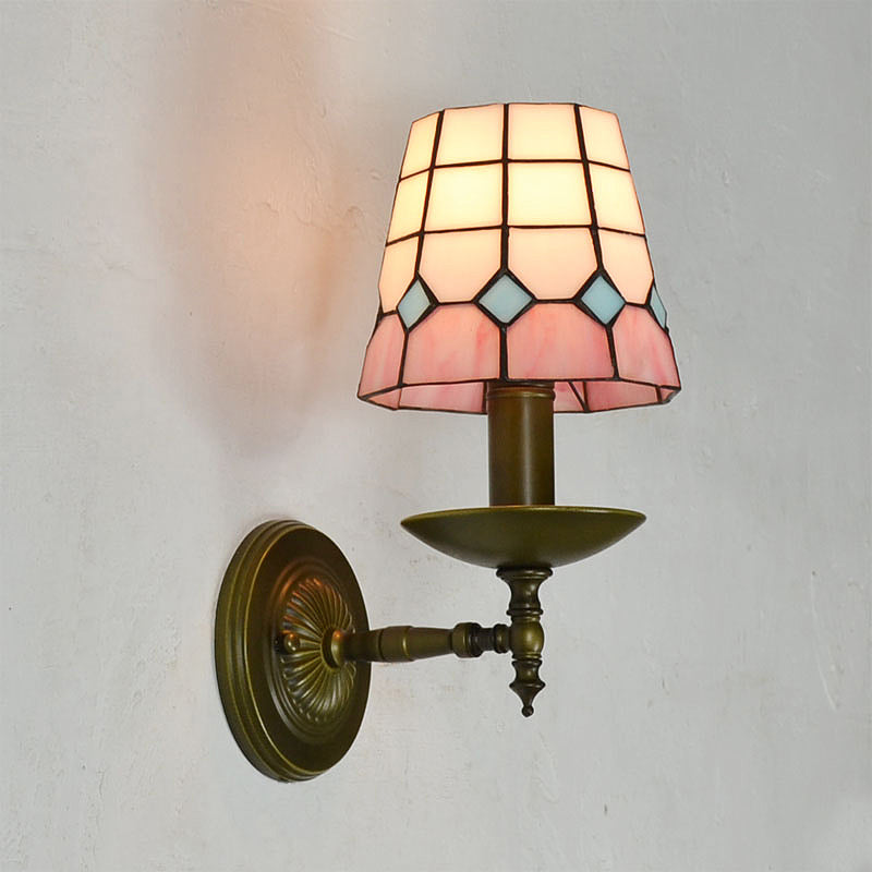 Tiffany Grid Patterned Wall Lighting Fixture 1 Light Hand Cut Glass Sconce Light in Orange/Blue/Green