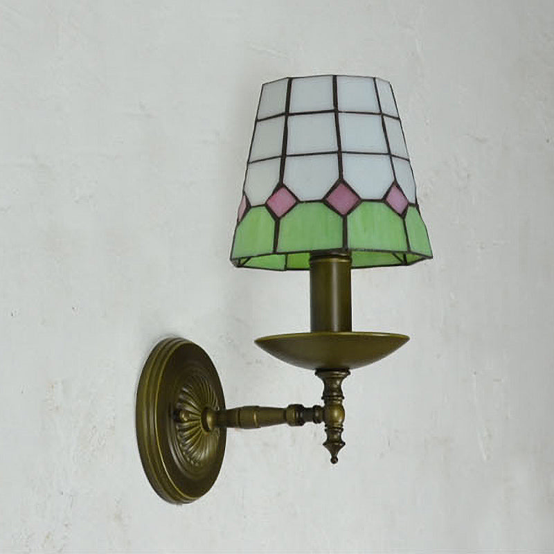 Tiffany Grid Patterned Wall Lighting Fixture 1 Light Hand Cut Glass Sconce Light in Orange/Blue/Green
