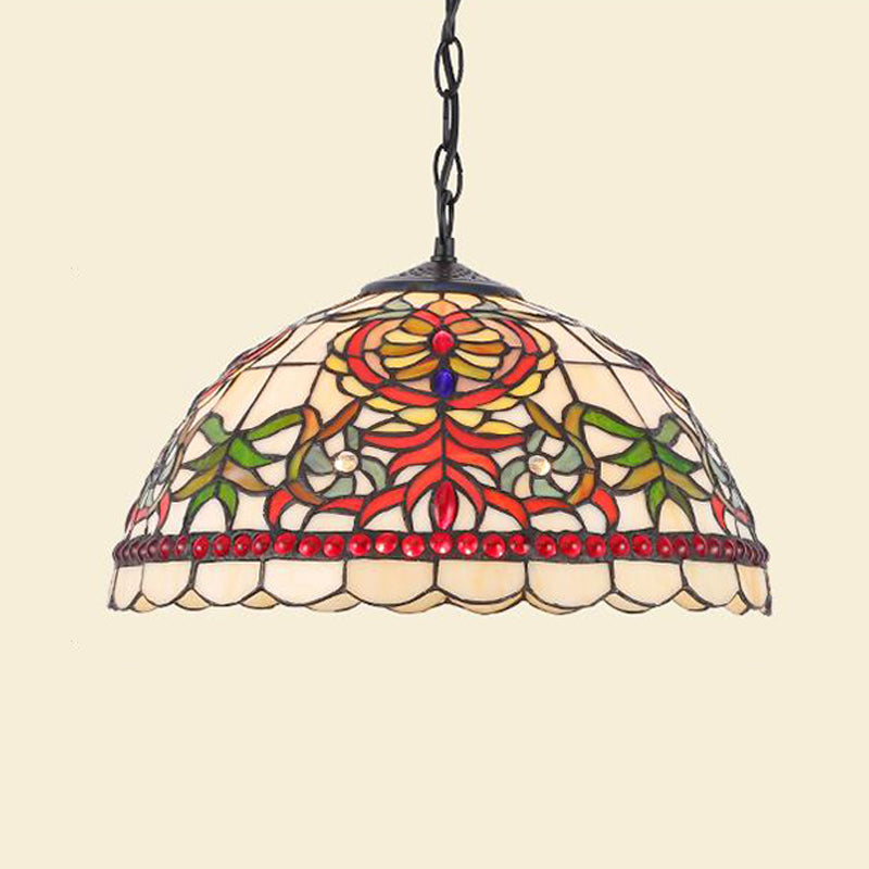 Black/Red Domed Shade Suspension Lighting Tiffany 1 Light Cut Glass Ceiling Pendant for Kitchen