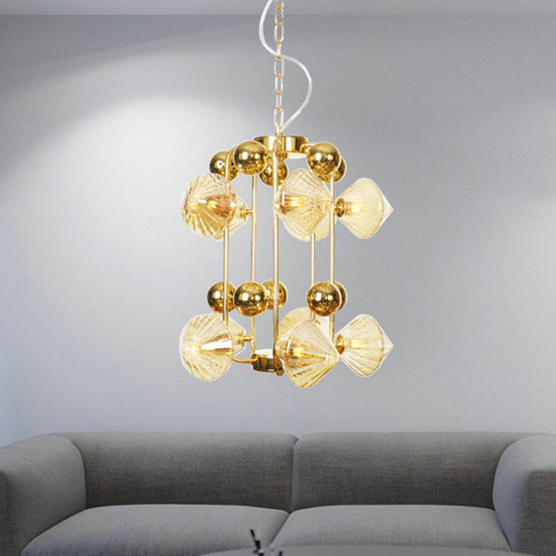 Tapered Hanging Chandelier Contemporary Amber Glass 10 Heads Living Room Ceiling Pendant Light