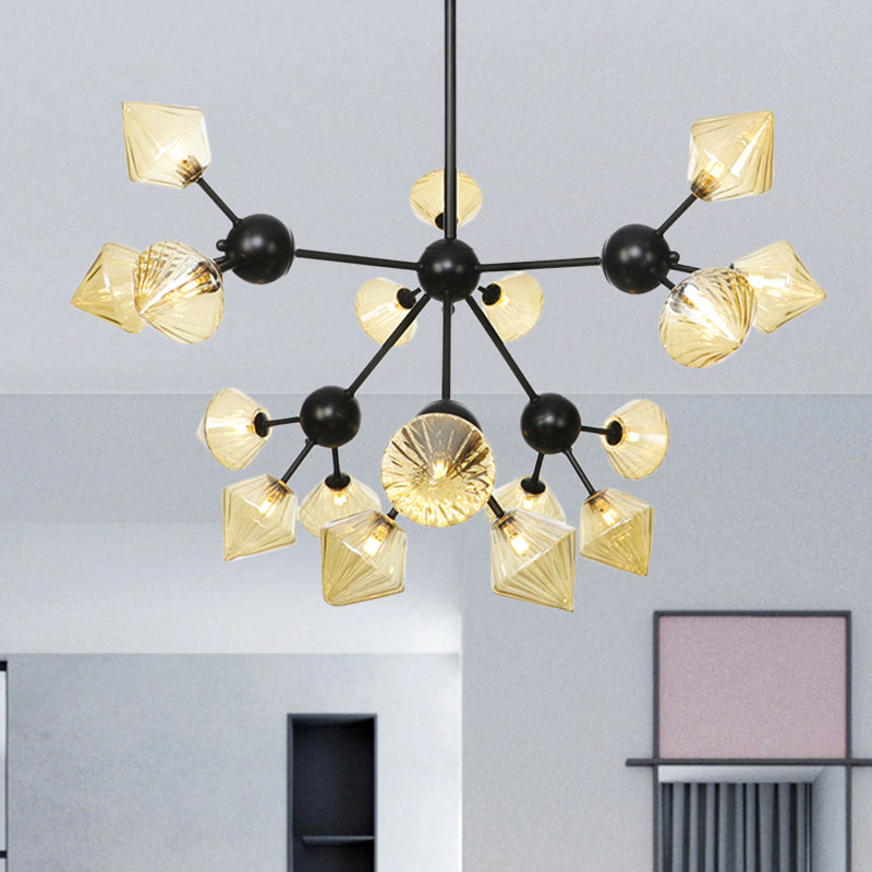 18 Heads Diamond Chandelier Lamp Modernism Amber Glass Hanging Pendant Light in Black