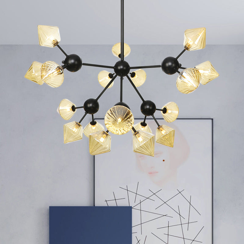 18 Heads Diamond Chandelier Lamp Modernism Amber Glass Hanging Pendant Light in Black