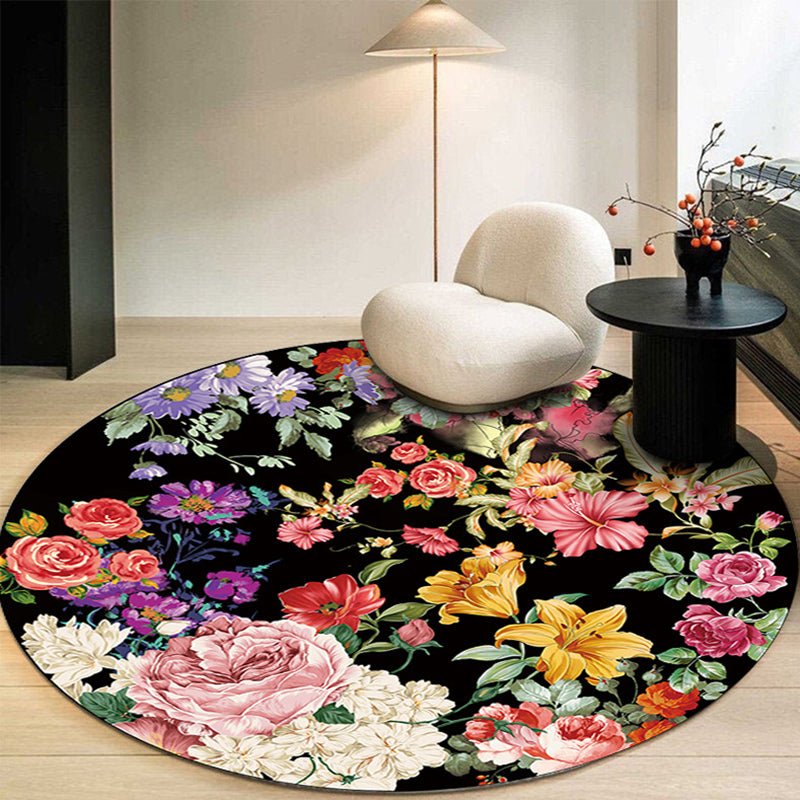 Multicolored Floral Printed Rug Contemporary Round Rug Non-Slip Backing Carpet for Home Decoration