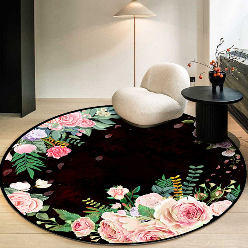 Multicolored Floral Printed Rug Contemporary Round Rug Non-Slip Backing Carpet for Home Decoration
