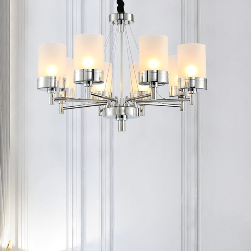 8 Heads Cylinder Hanging Chandelier Modernist Frosted Glass Pendant Light Fixture in Chrome