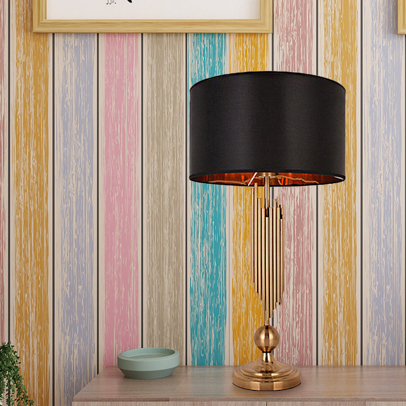 1 Light Drum Desk Lamp Traditional Black/White/Flaxen Fabric Task Lighting for Bedroom with Metal Base