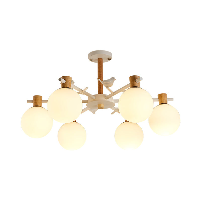 Sphère de verre blanc pendante lustre asiatique 6/8 bulbes pendentif éclairage avec oiseau