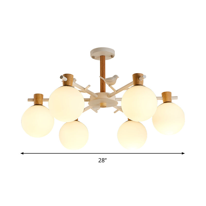 Sphère de verre blanc pendante lustre asiatique 6/8 bulbes pendentif éclairage avec oiseau
