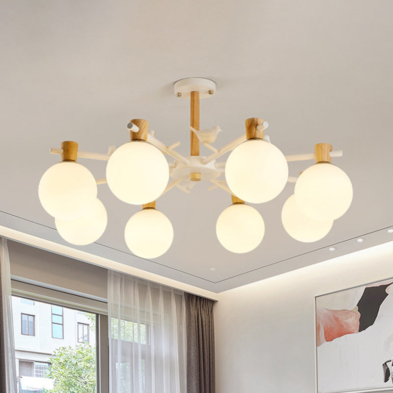 White Glass Sphere Hanging Chandelier Asian 6/8 Bulbs Pendant Lighting Fixture with Bird
