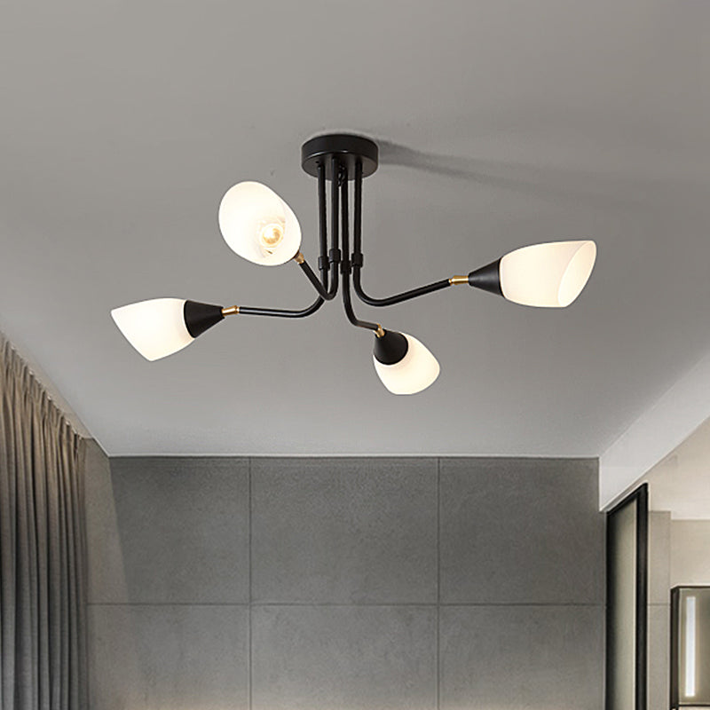 Modernism 4/6/8 Bulbs Ceiling Chandelier Black Flared Hanging Pendant Light with Milky Glass Shade