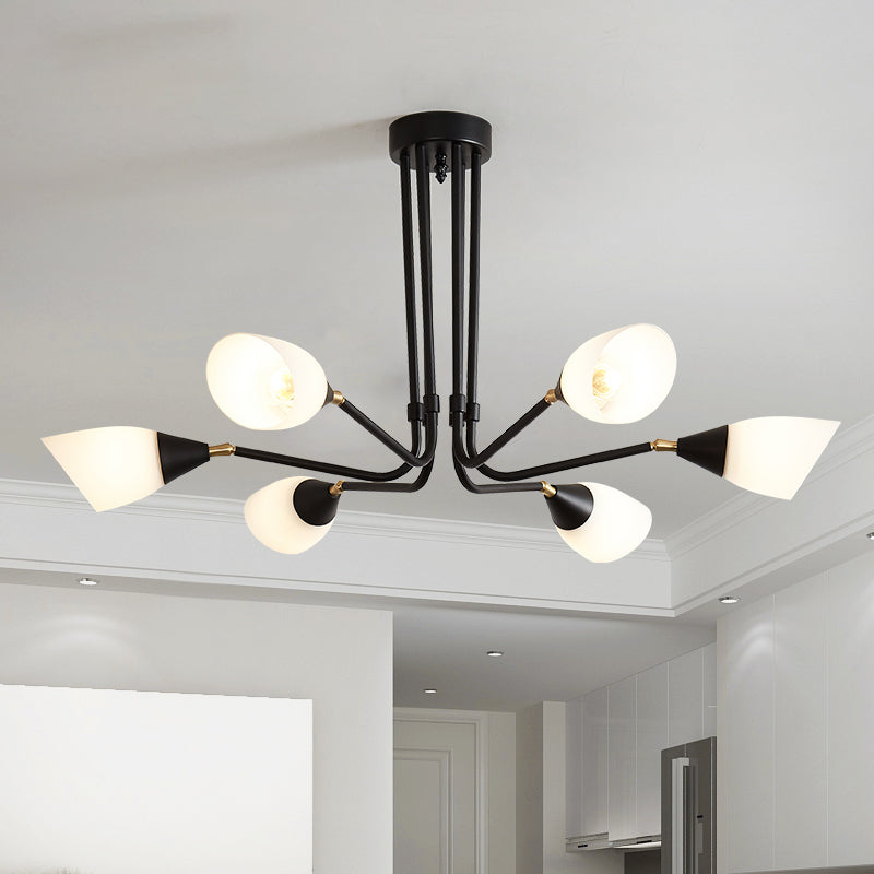 Modernism 4/6/8 Bulbs Ceiling Chandelier Black Flared Hanging Pendant Light with Milky Glass Shade