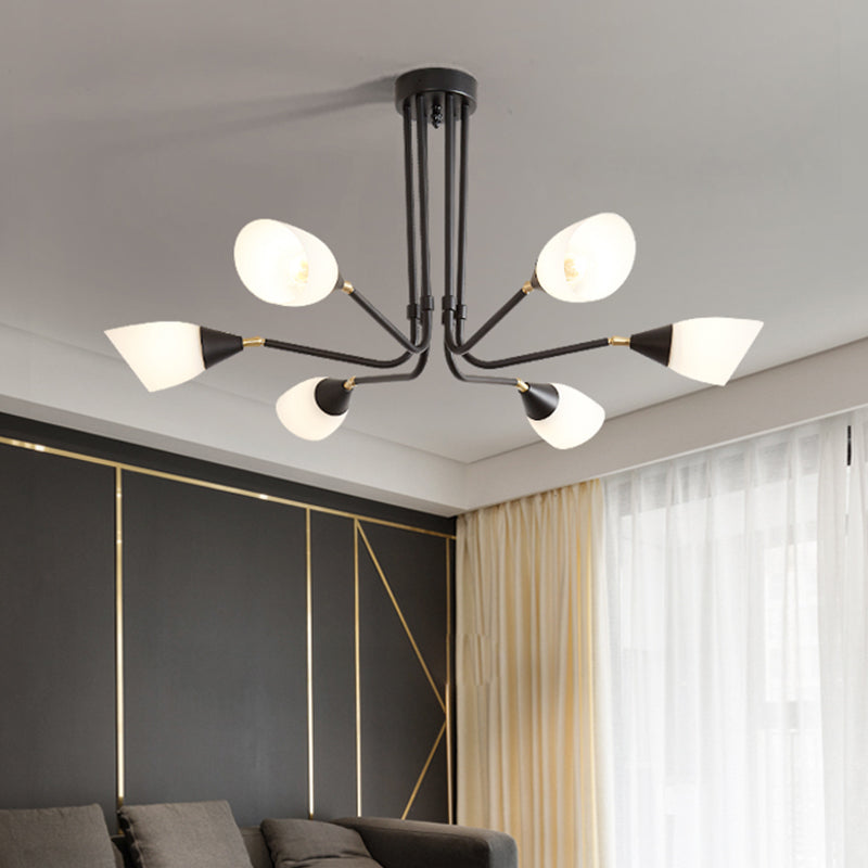 Modernism 4/6/8 Bulbs Ceiling Chandelier Black Flared Hanging Pendant Light with Milky Glass Shade