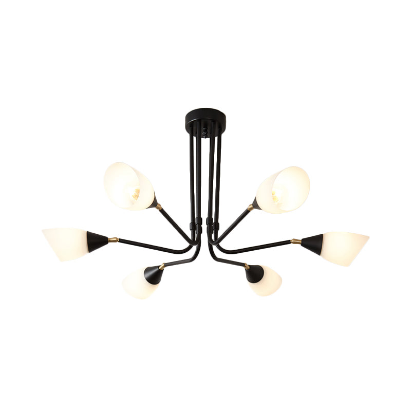 Modernism 4/6/8 Bulbs Ceiling Chandelier Black Flared Hanging Pendant Light with Milky Glass Shade