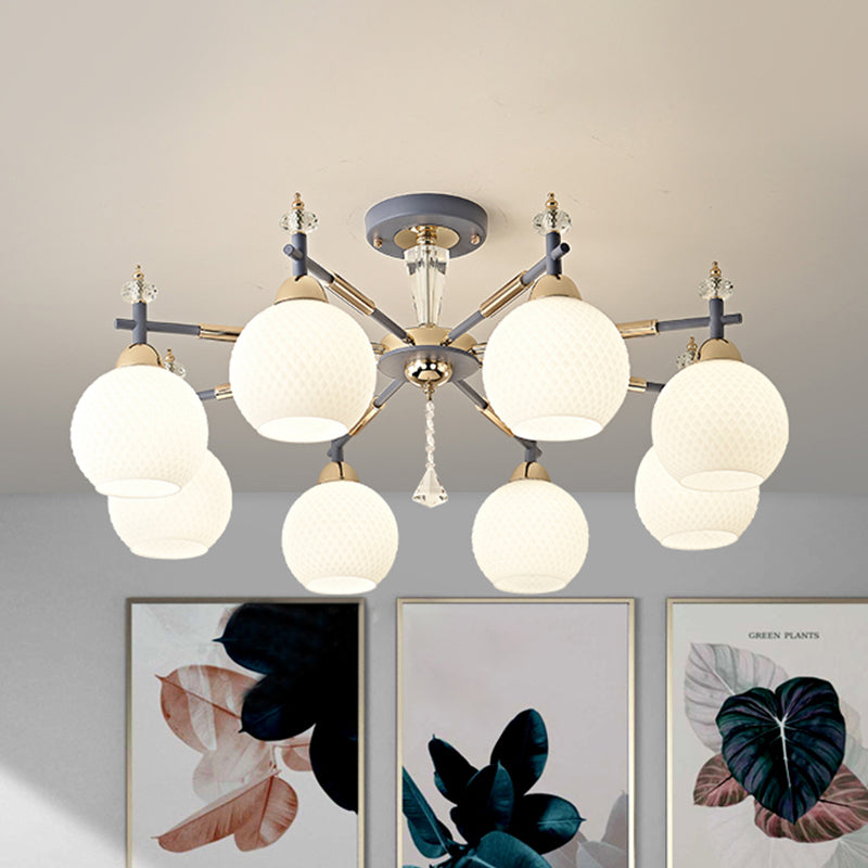 8 Bulbs Living Room Chandelier Light Modern Grey Pendant Lighting Fixture with Orb Milk Glass Shade