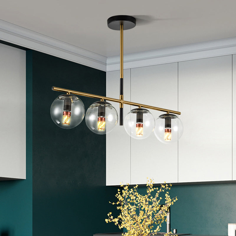 Contemporary Ball Island Lighting Clear Glass 4 Bulbs Hanging Pendant Light in Black and Gold