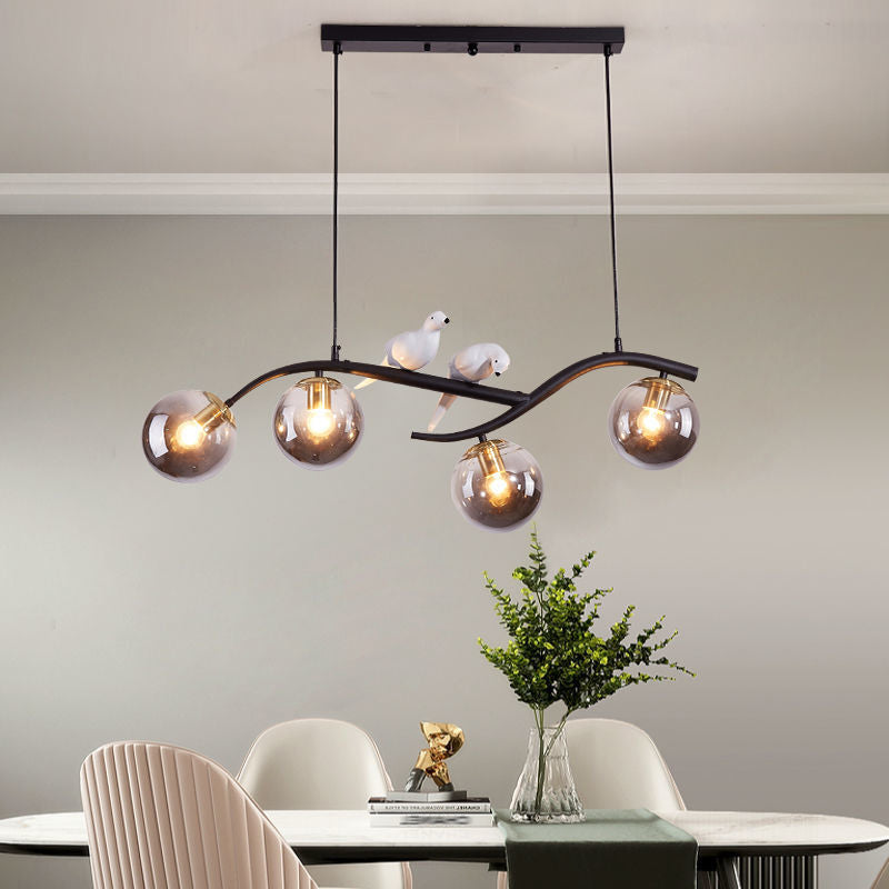 Glass Globe Island Light in Modern Singularity Wrought Iron Pendant Light with Resin Bird Decoration
