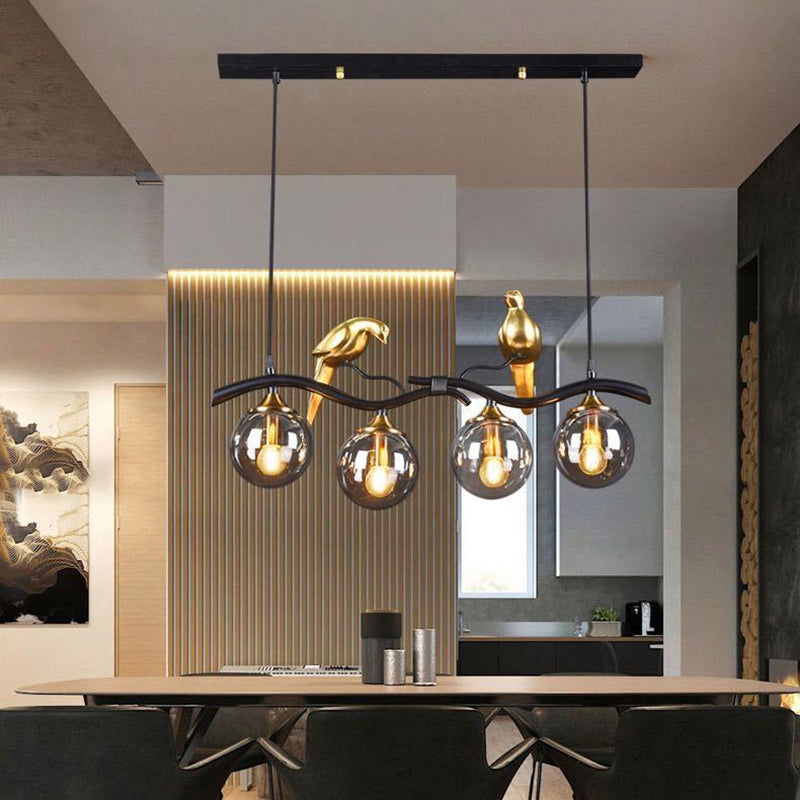 Glass Globe Island Light in Modern Singularity Wrought Iron Pendant Light with Resin Bird Decoration