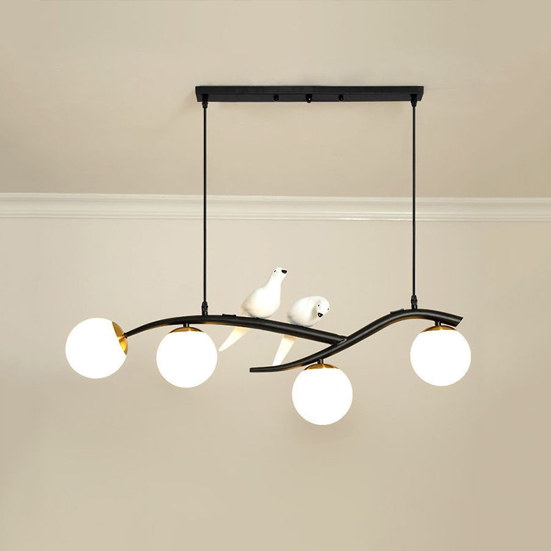 Glass Globe Island Light in Modern Singularity Wrought Iron Pendant Light with Resin Bird Decoration