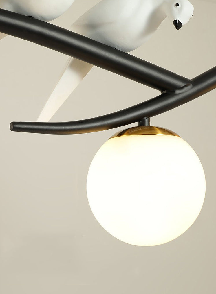 Glass Globe Island Light in Modern Singularity Wrought Iron Pendant Light with Resin Bird Decoration