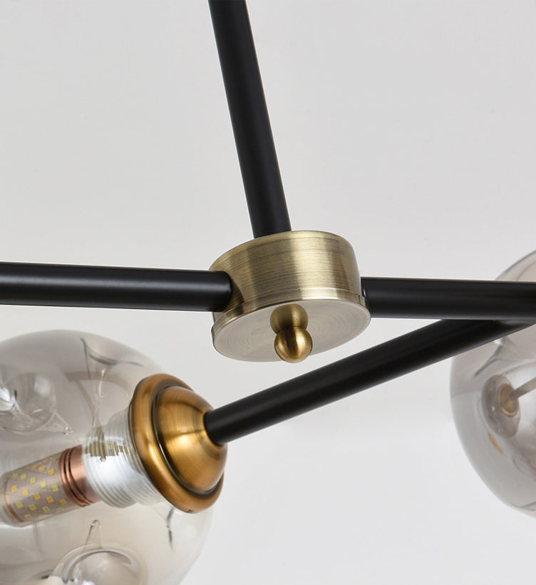 Luce di isola a 6 luci nere in moderno stile a sospensione in ferro battuto in stile creativo con tonalità di vetro