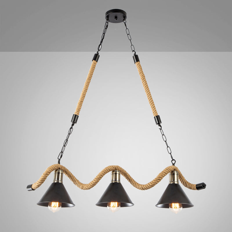 Hemp Rope Industrial Island Lighting Fixtures Linear Black Pendant Lights for Dining Room