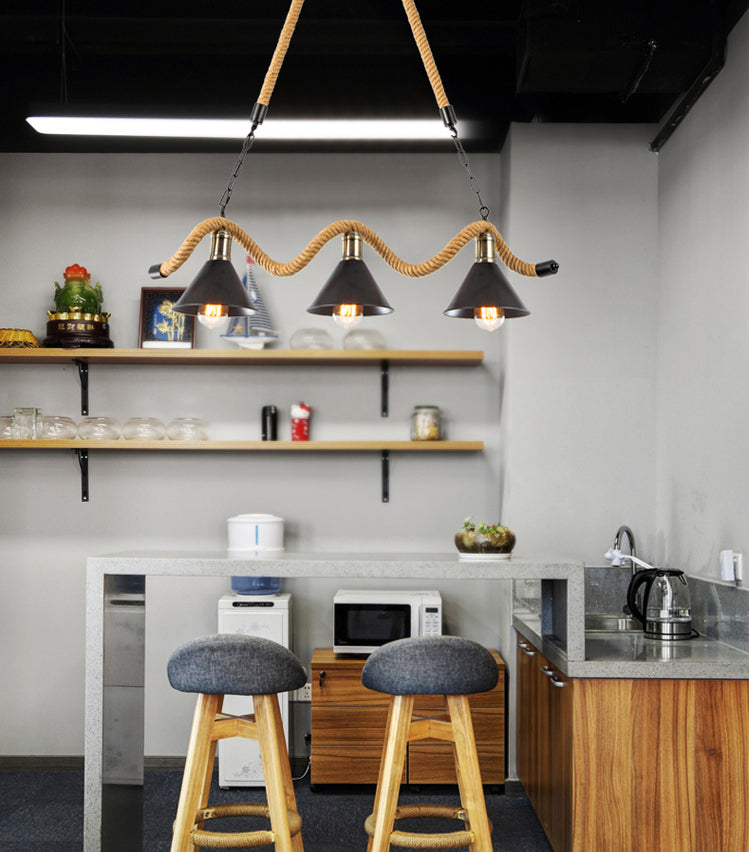 Corda di canapa a corda industriale di illuminazione dell'isola luci a ciondolo nero lineare per sala da pranzo