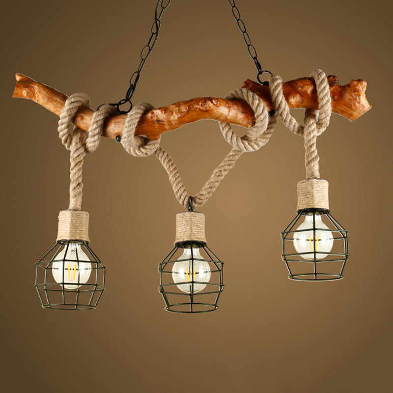 Wood Pendant Lights Rope Island Linear Island Ceiling Light for Dining Room