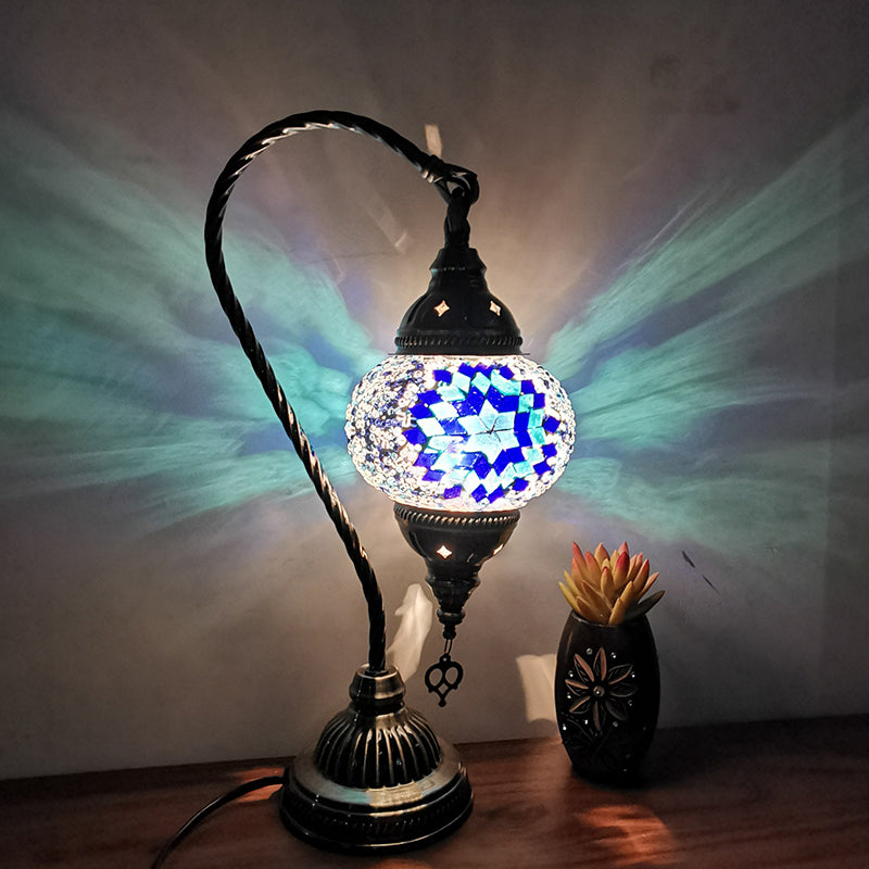 1-Light Gooseneck Table Light Turkish Style Bronze Handcrafted Glass Nightstand Lamp