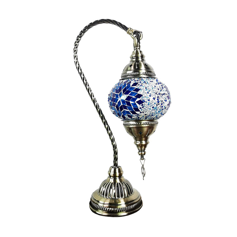 1-Light Gooseneck Table Light Turkish Style Bronze Handcrafted Glass Nightstand Lamp