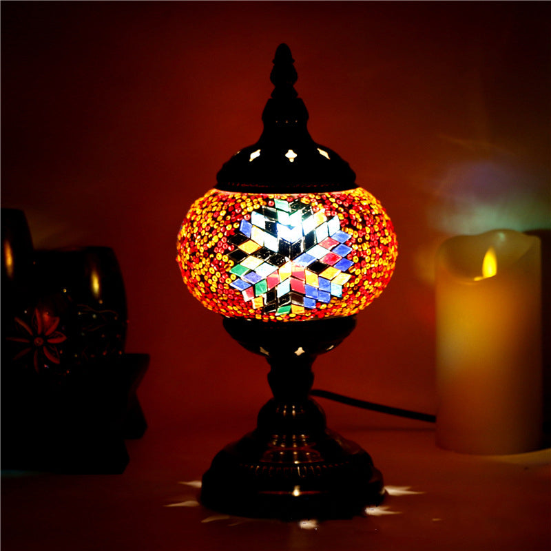 Bronze 1 Bulb Nightstand Lamp Moroccan Mosaic Glass Lantern Table Light for Living Room