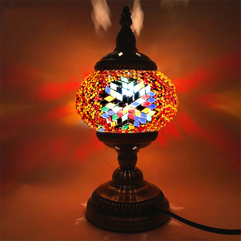 Bronze 1 Bulb Nightstand Lamp Moroccan Mosaic Glass Lantern Table Light for Living Room