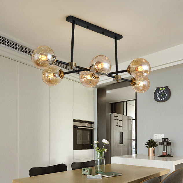 Luce di isola a 6 luci nere in moderno stile a sospensione in ferro battuto in stile creativo con tonalità di vetro