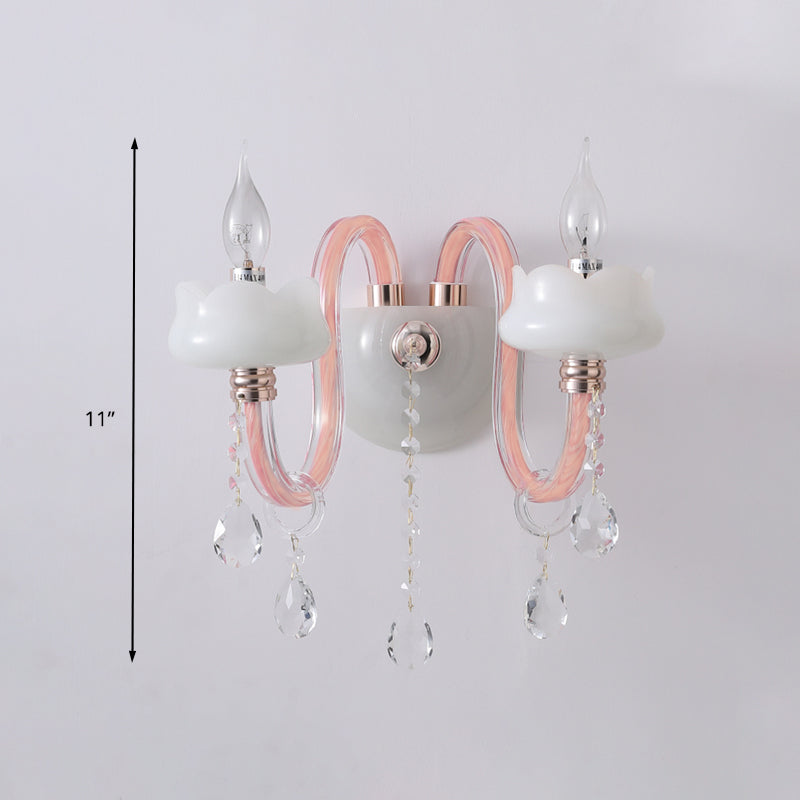 2 Bulbs Crystal Prism Sconce Light Traditional Pink Candelabra Living Room Wall Mounted Lighting