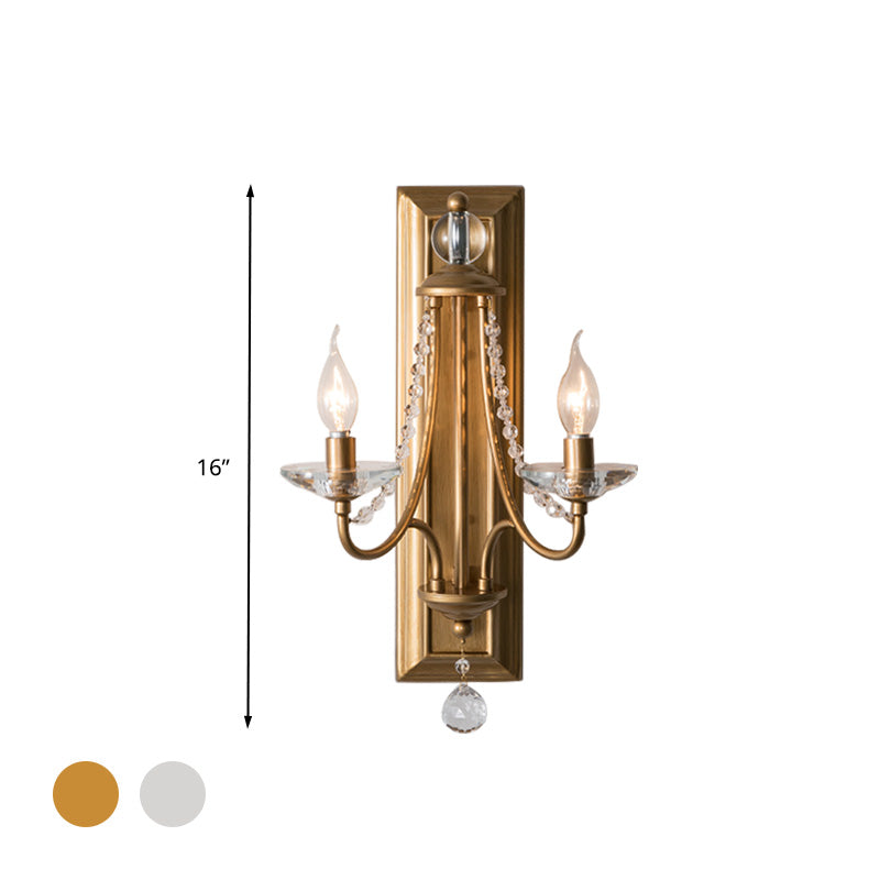 2 Lights Candle Wall Lighting Rural Gold/Silver Metal Wall Light Fixture with Crystal Ball for Bedroom