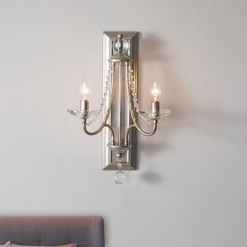 2 Lights Candle Wall Lighting Rural Gold/Silver Metal Wall Light Fixture with Crystal Ball for Bedroom
