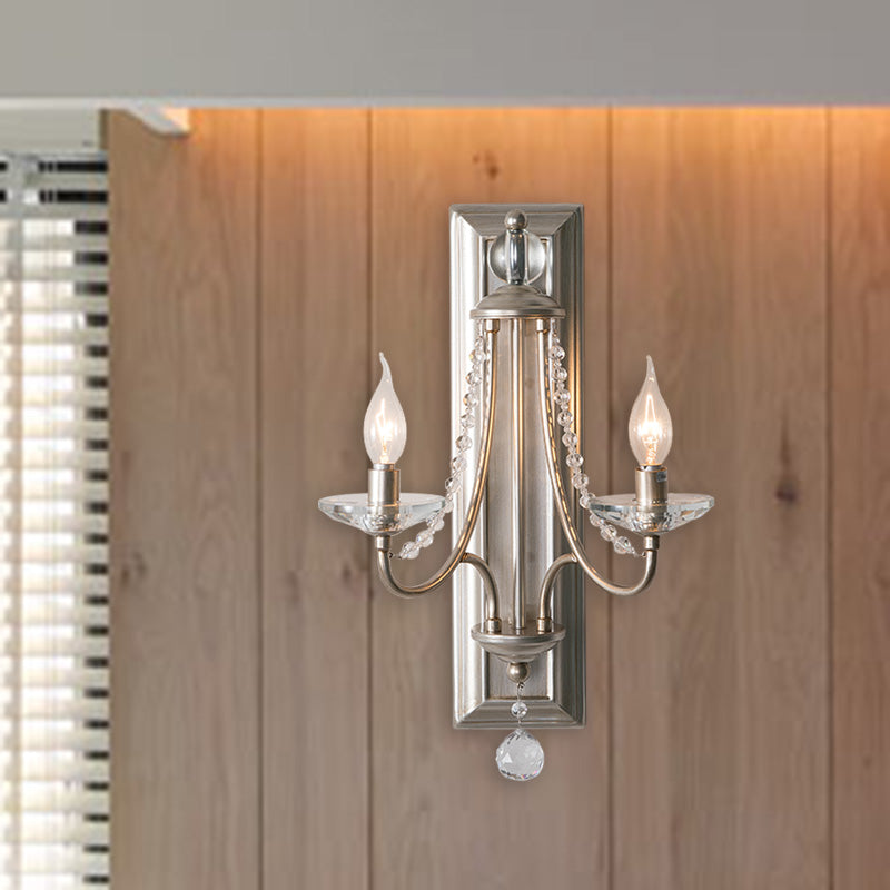 2 Lights Candle Wall Lighting Rural Gold/Silver Metal Wall Light Fixture with Crystal Ball for Bedroom