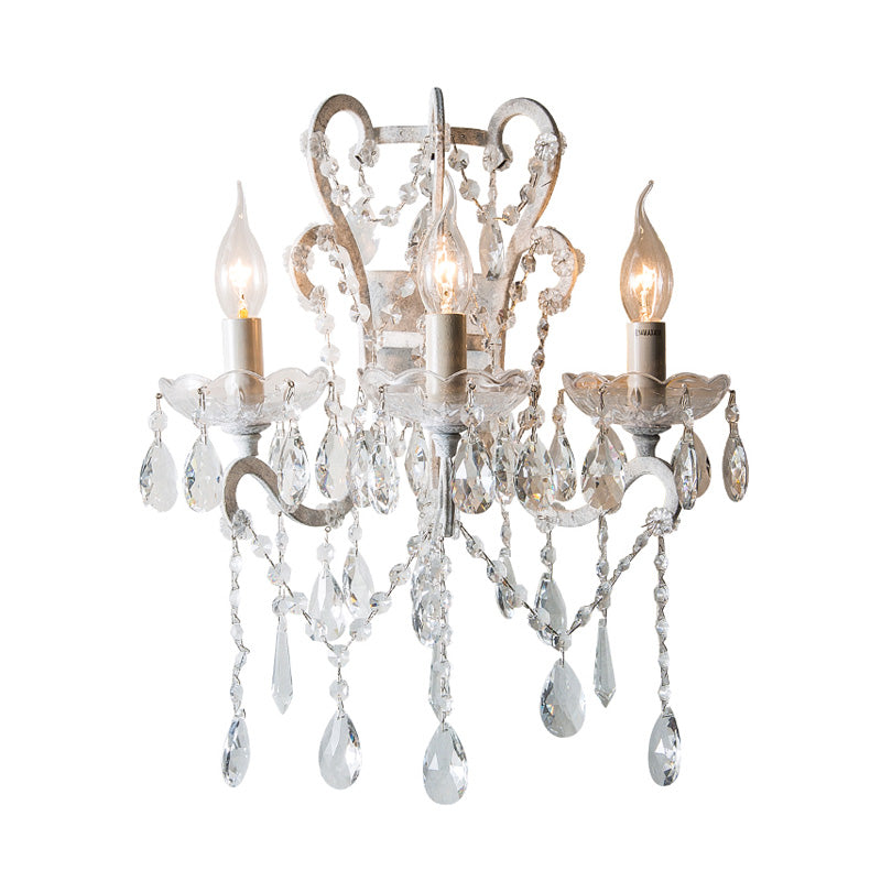 Candle Bedroom Sconce Light Rustic Metal 3 Bulbs Gold/Ivory Wall Lighting Fixture with Dangling Crystal Accent