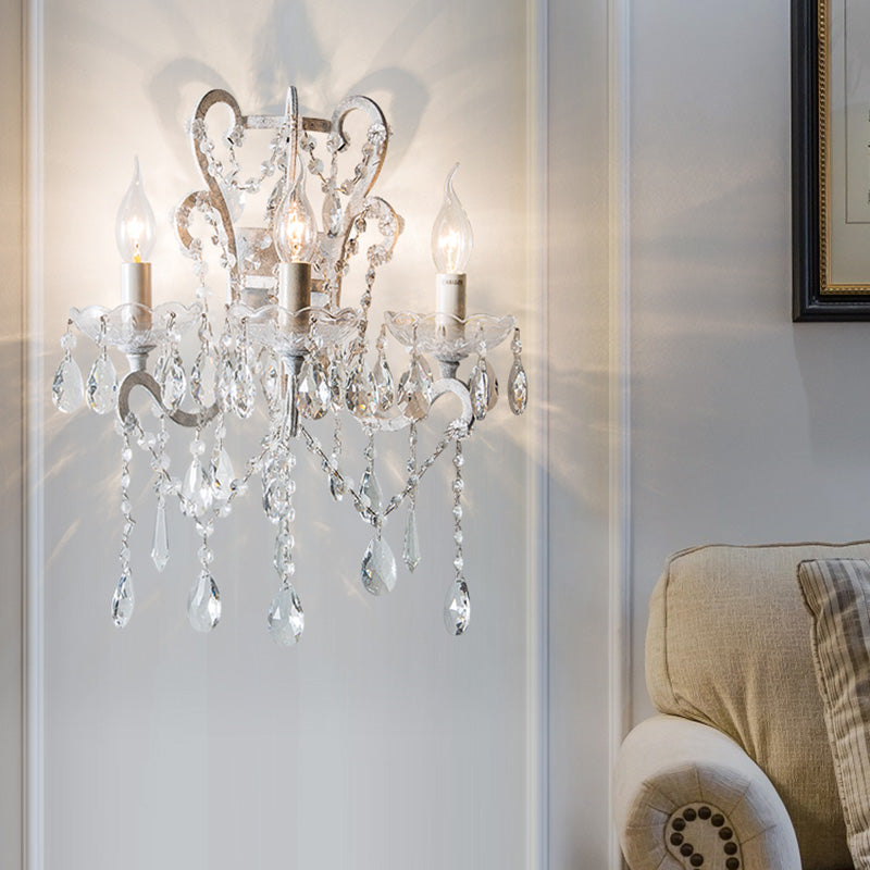 Candle Bedroom Sconce Light Rustic Metal 3 Bulbs Gold/Ivory Wall Lighting Fixture with Dangling Crystal Accent