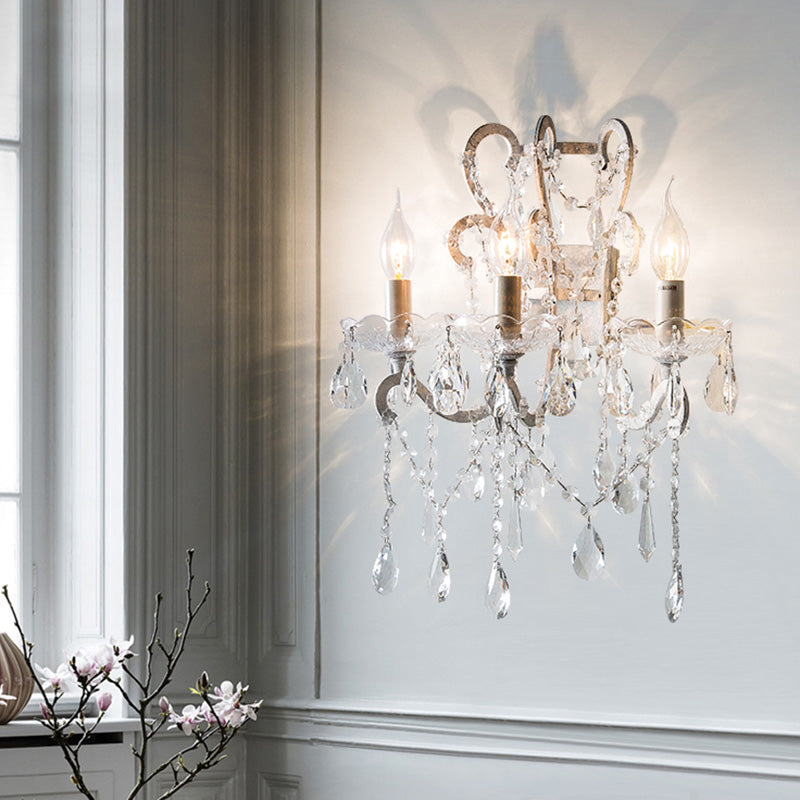 Candle Bedroom Sconce Light Rustic Metal 3 Bulbs Gold/Ivory Wall Lighting Fixture with Dangling Crystal Accent