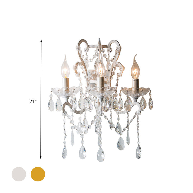 Candle Bedroom Sconce Light Rustic Metal 3 Bulbs Gold/Ivory Wall Lighting Fixture with Dangling Crystal Accent