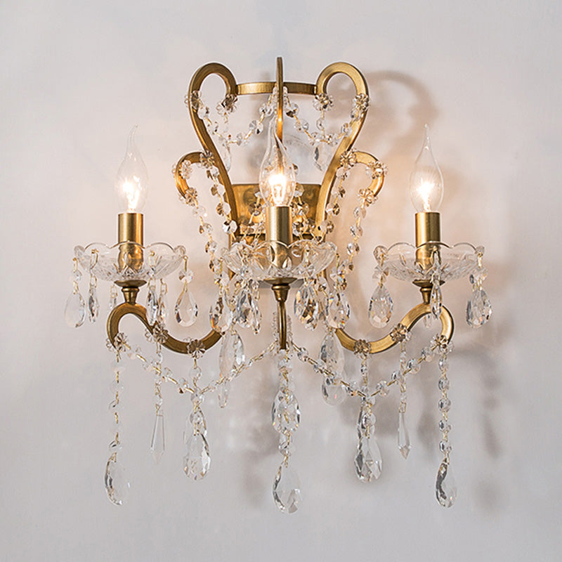 Candle Bedroom Sconce Light Rustic Metal 3 Bulbs Gold/Ivory Wall Lighting Fixture with Dangling Crystal Accent
