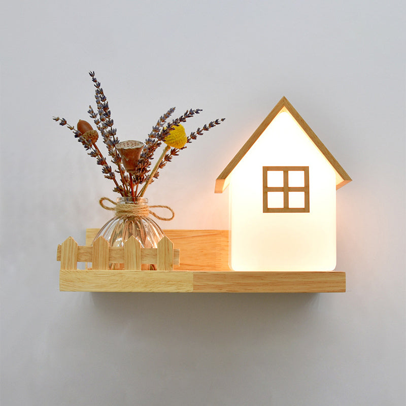 Beige Shaded Wall Sconce Lighting Contemporary Style Wood Wall Mount Light Fixture