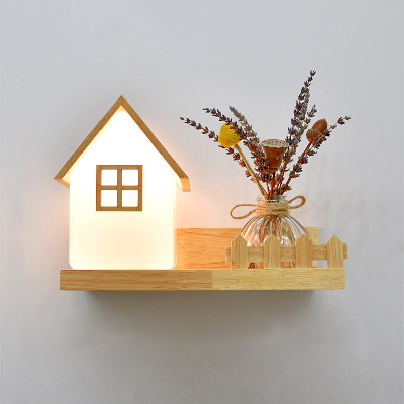 Beige Shaded Wall Sconce Lighting Contemporary Style Wood Wall Mount Light Fixture