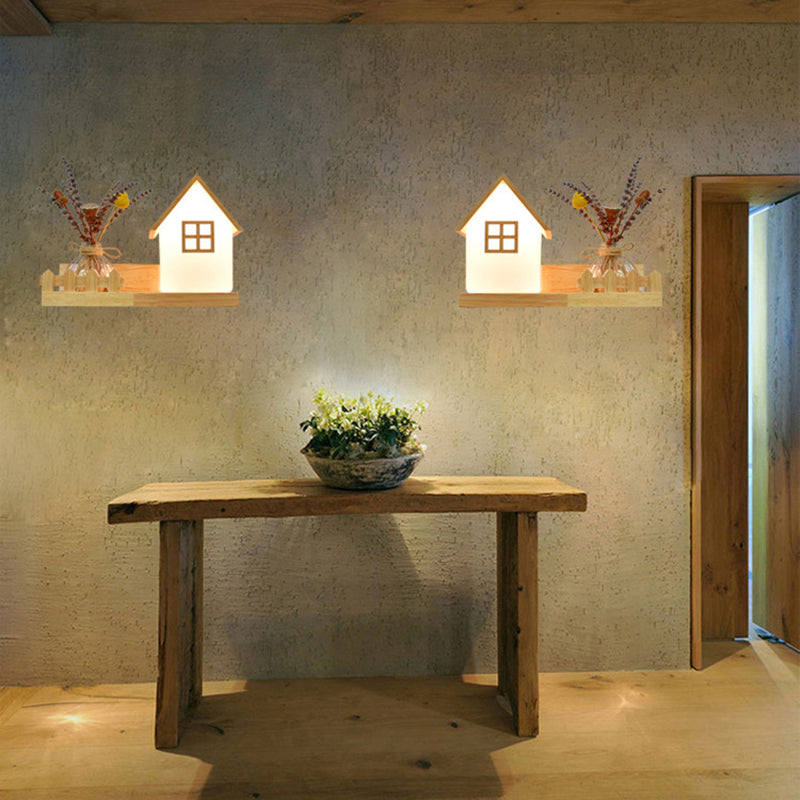 Beige Shaded Wall Sconce Lighting Contemporary Style Wood Wall Mount Light Fixture