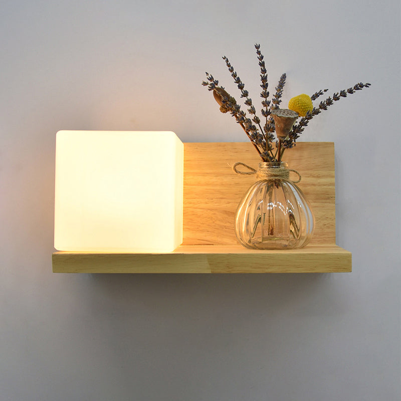 Beige Shaded Wall Sconce Lighting Contemporary Style Wood Wall Mount Light Fixture