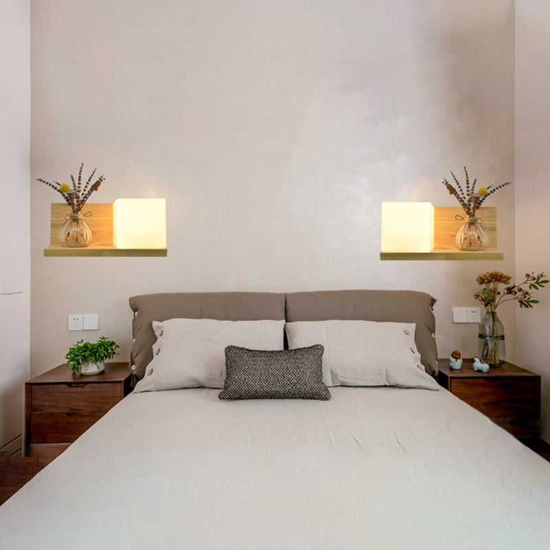 Beige Shaded Wall Sconce Lighting Contemporary Style Wood Wall Mount Light Fixture